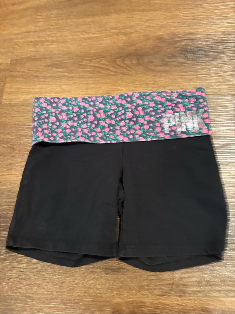 PINK Victoria's Secret Black  Shorts with Pink Floral Fold-Over Waistband